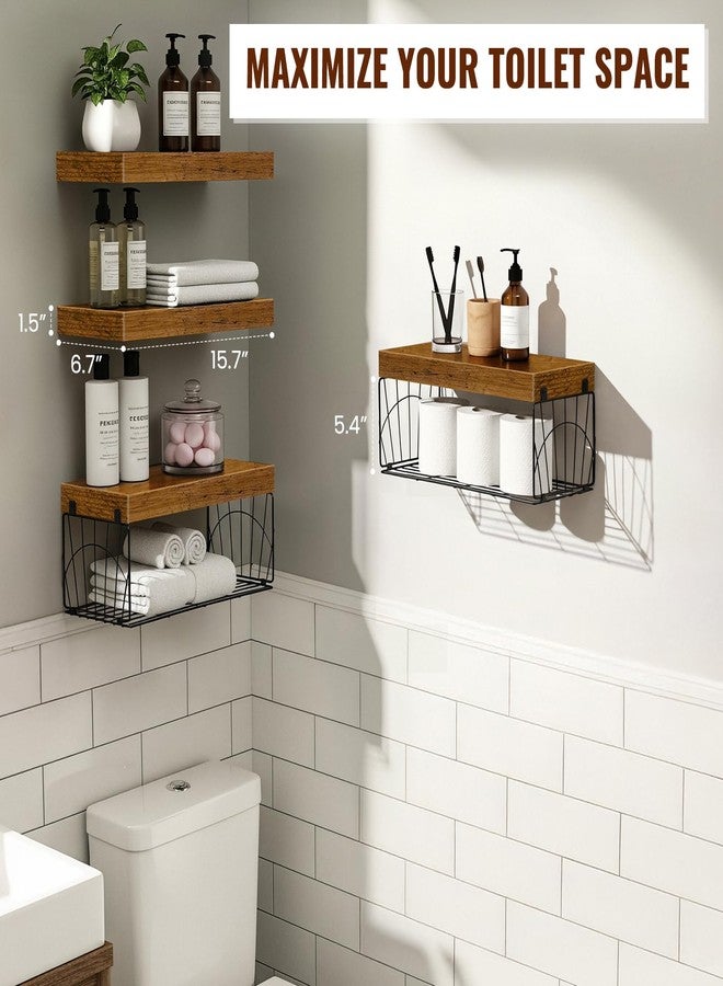 Snuvid 4 Pack Bathroom Shelves Over Toilet, Wall Mounted Rustic Wood Floating Shelves for Bathroom, Toilet Paper Storage, Small Farmhouse Decor Hanging Shelf for Living Room, Kitchen, 16 inch, Brown - Image 3
